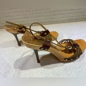 Brown w/ gold strap wood heels